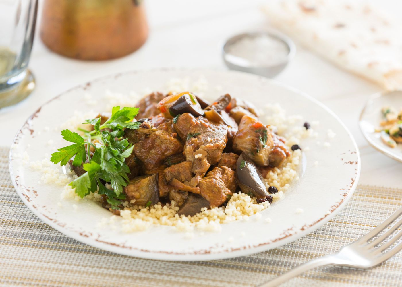 Cinnamon scented lamb w spicy eggplant