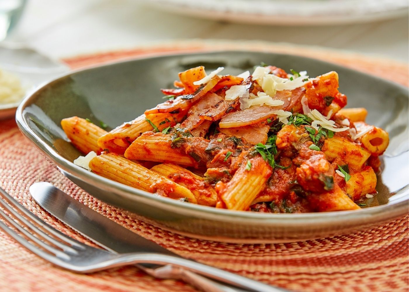 Penne w bacon + kale matriciana sauce